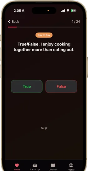 A question card in the Lovely app with true and false buttons
