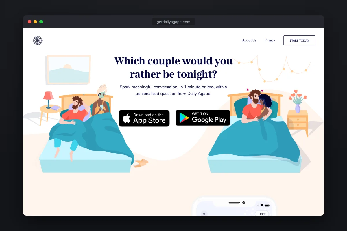 Agape homepage: one personalized daily question for couples