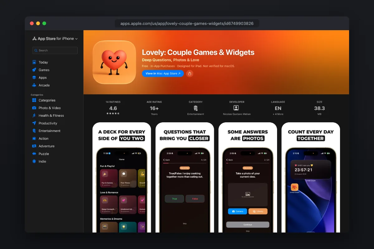 Lovely: Couple Games & Widgets on the App Store, with daily questions, widgets and games for couples