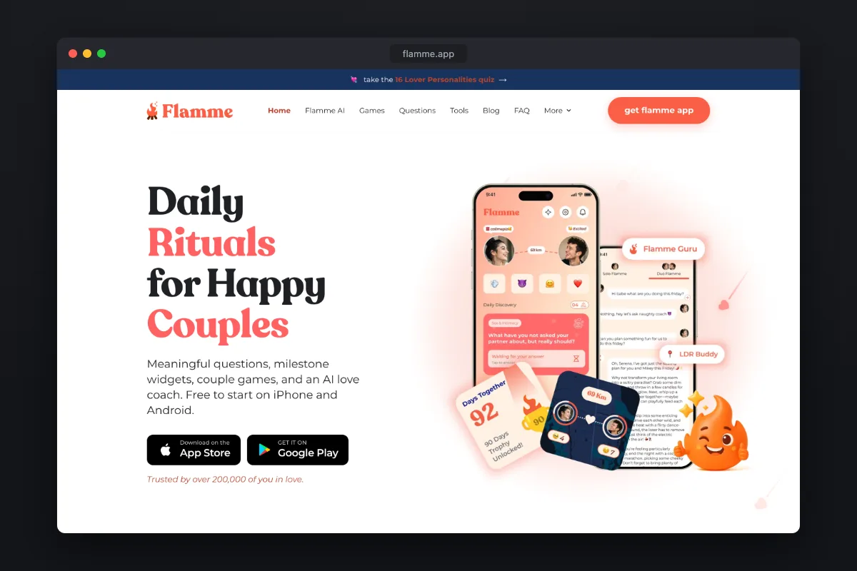Flamme homepage: couples app with daily questions, widgets and an AI coach