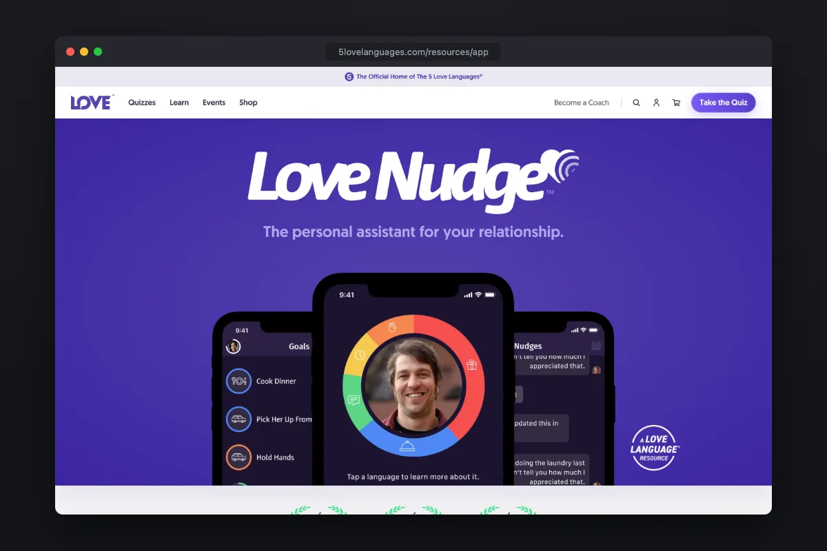 Love Nudge page on 5lovelanguages.com: the free 5 Love Languages app for couples