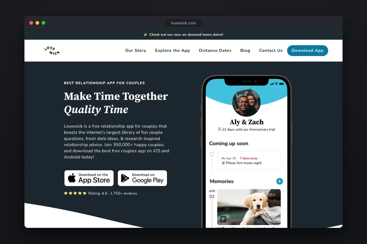 Lovewick homepage: relationship app with conversation questions, date ideas and reminders