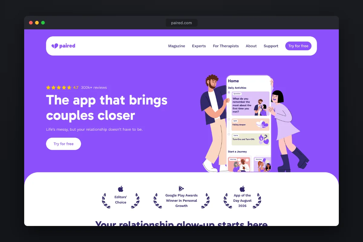 Paired homepage: couples app with daily questions, quizzes and expert courses